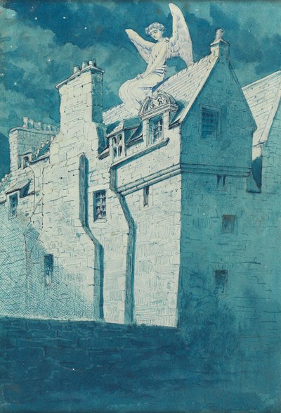 Anděl na střeše (pero a modrá tuš s čb na papíře) od Charles Altamont Doyle